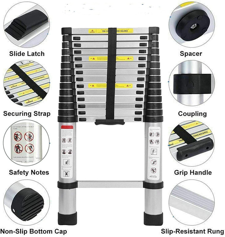 5 m Teleskopleiter mit Dachhaken-Kit Aluminium, tragbar, multifunktional, faltbar, tragbar, strapazi