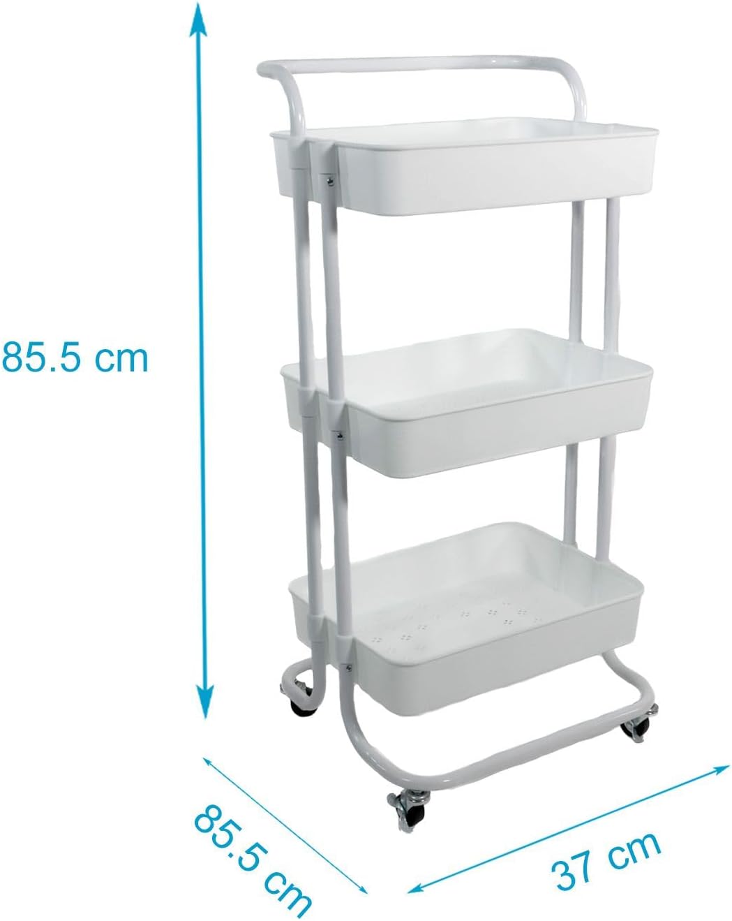 INTIRILIFE Rollwagen mit 3 Ebenen in Weiss - 42 x 37 x 85.5 cm - Servierwagen mit Griff Aufbewahrung