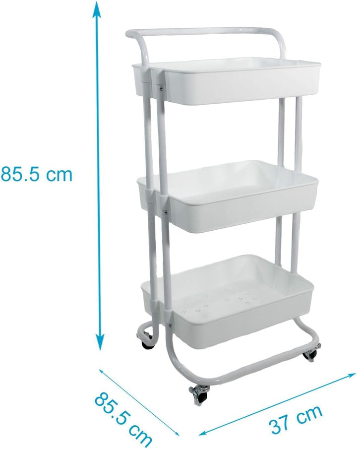 INTIRILIFE Rollwagen mit 3 Ebenen in Weiss - 42 x 37 x 85.5 cm - Servierwagen mit Griff Aufbewahrung
