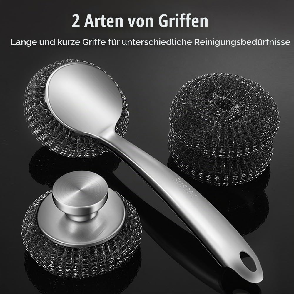 Drahtschwamm Set mit Langem Griff, 5-teilig Schrubber aus Stahlwolle, Topfreiniger aus Metalldraht f