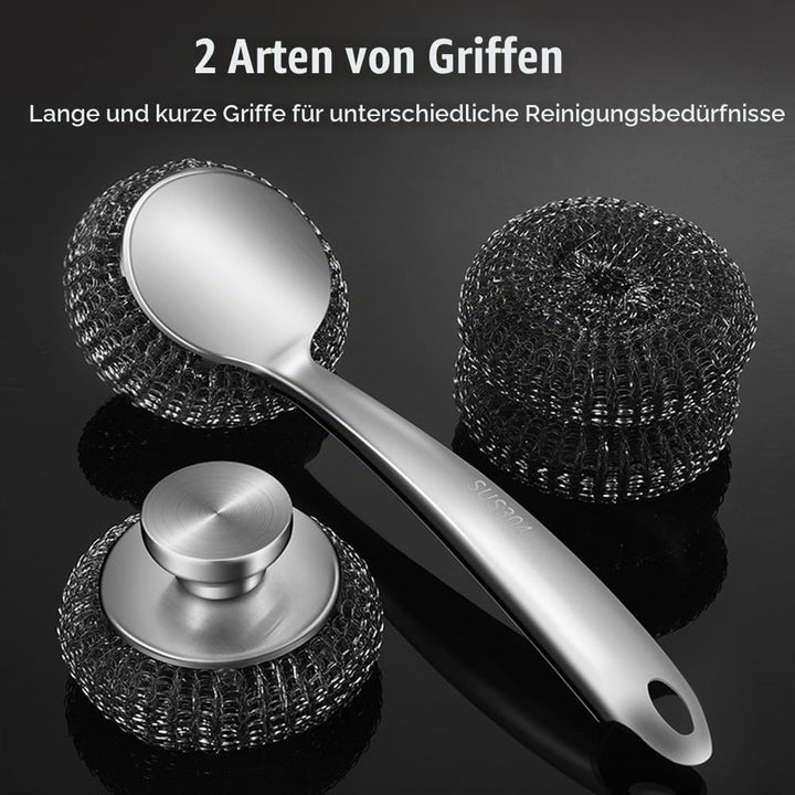 Drahtschwamm Set mit Langem Griff, 5-teilig Schrubber aus Stahlwolle, Topfreiniger aus Metalldraht f