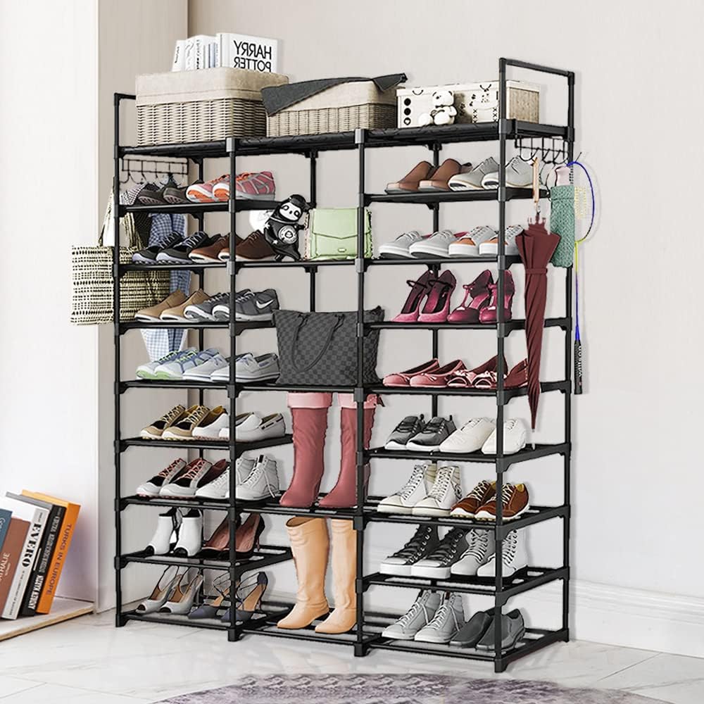 Schuhregal mit 9 Etagen, DIY, aus Metall, 50 – 55 Paar Schuhaufbewahrung, mit Haken für Wohnzimmer,