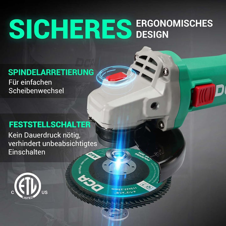 DCA 860W Winkelschleifer 125 mm, 11.800 min⁻¹, Ultraschlanker Griff (178 mm Griffumfang), Kompaktes