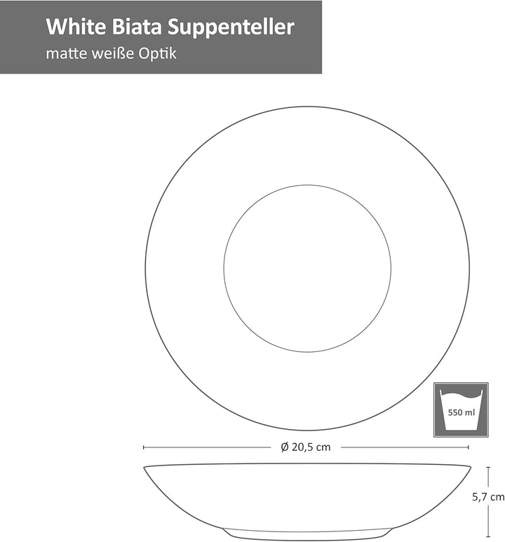 MamboCat White Biata 6x Suppen-Teller I Steingut-Geschirr matt-weiss für 6 Personen - zeitlos-elegan