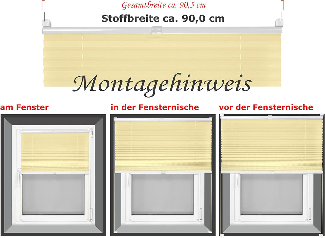 Plissee - vormontiert und mit Klemmfixierung am Fensterahmen - kinderleichte 3-Step Montage, ca. 90