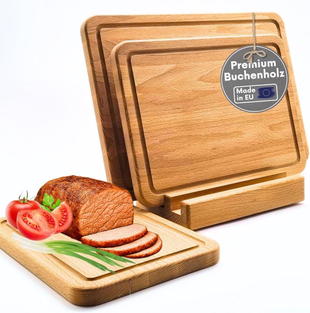 3er Schneidebrett Set - Made in EU,mit Ständer in Premium Qualität Buche, Grösse 27/30/40 cm, Küchen