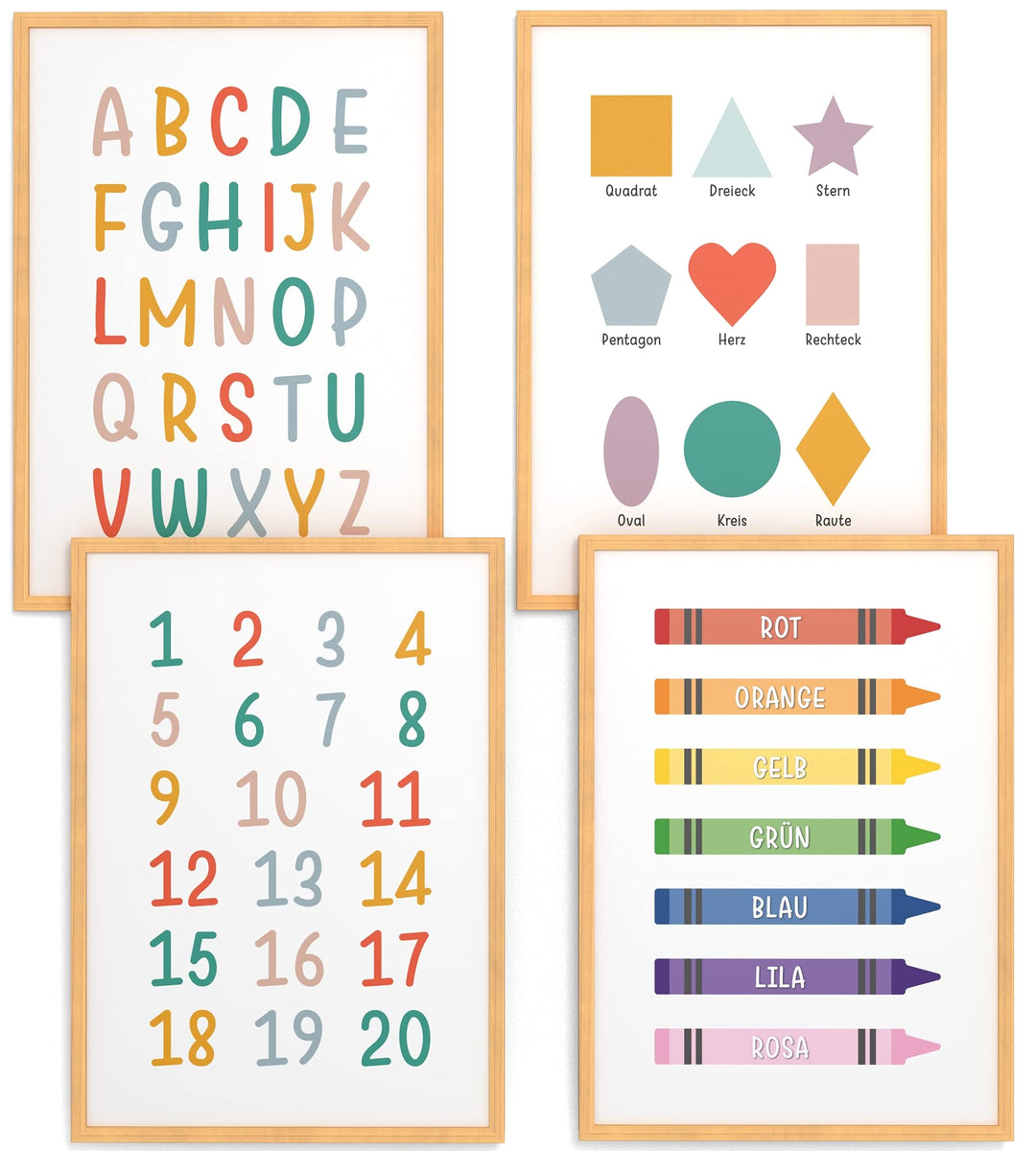 Papierschmiede® Kinderbilder 4er Set Lernposter, A4 gerahmt in Holzrahmen (Natur), Geschenk für Mädc
