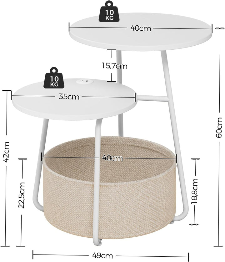 Rolanstar Beistelltisch Rund, Kleiner Tisch mit Ladestation, Runder Couchtisch mit grossem Stoffkorb