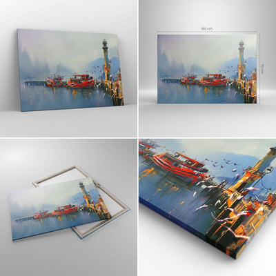 Bilder auf Leinwand 100x70cm Leinwandbild mit Rahmen Hafen Laterne Boot Gross Wanddeko Bild Schlafzi