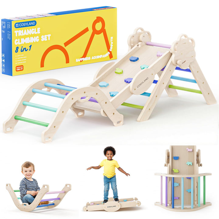 COSYLAND 8-in-1 Montessori Klettergerüst Indoor ab 1 Jahr – Kletterdreieck mit Rutsche, Kletterbogen