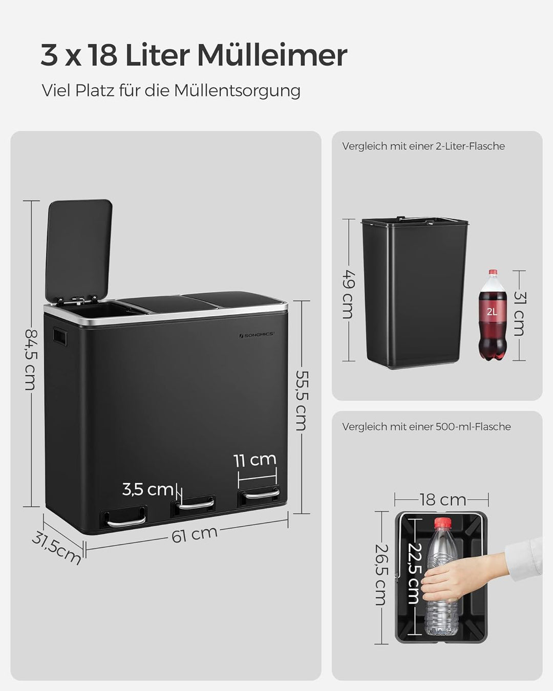 SONGMICS Mülleimer Küche, Mülltrennsystem, 3 x 18 L, Treteimer mit 3 Fächern, Abfalleimer, Softclose