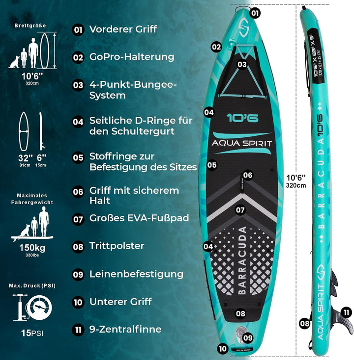 Aqua Spirit Sup Board mit Sitz | Kajak Aufblasbar Barracuda Stand Up Paddling Board 320x81x15cm Für