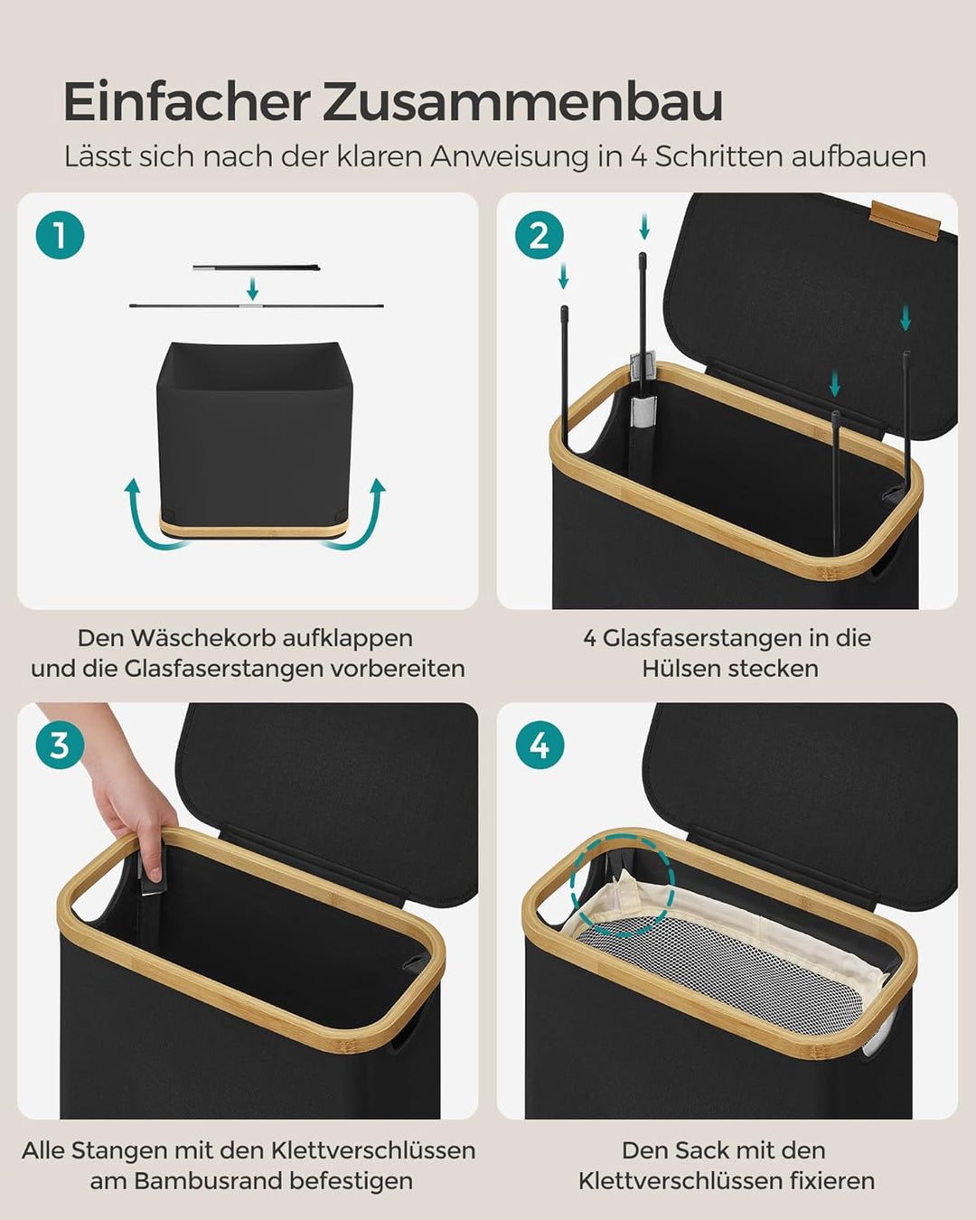 SONGMICS Wäschekorb mit Deckel, Wäschesammler 65 L, platzsparend, herausnehmbarer Wäschesack, Oxford