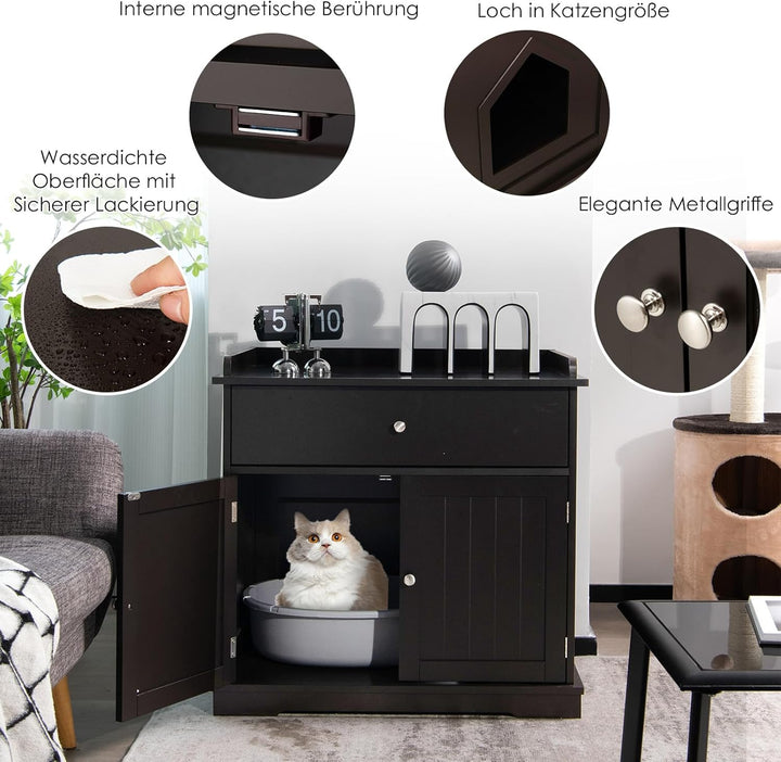 COSTWAY Katzenschrank mit Schublade & Tür & Eingang, 3-in-1 Katzenhaus Katzentoilette Beistelltisch,