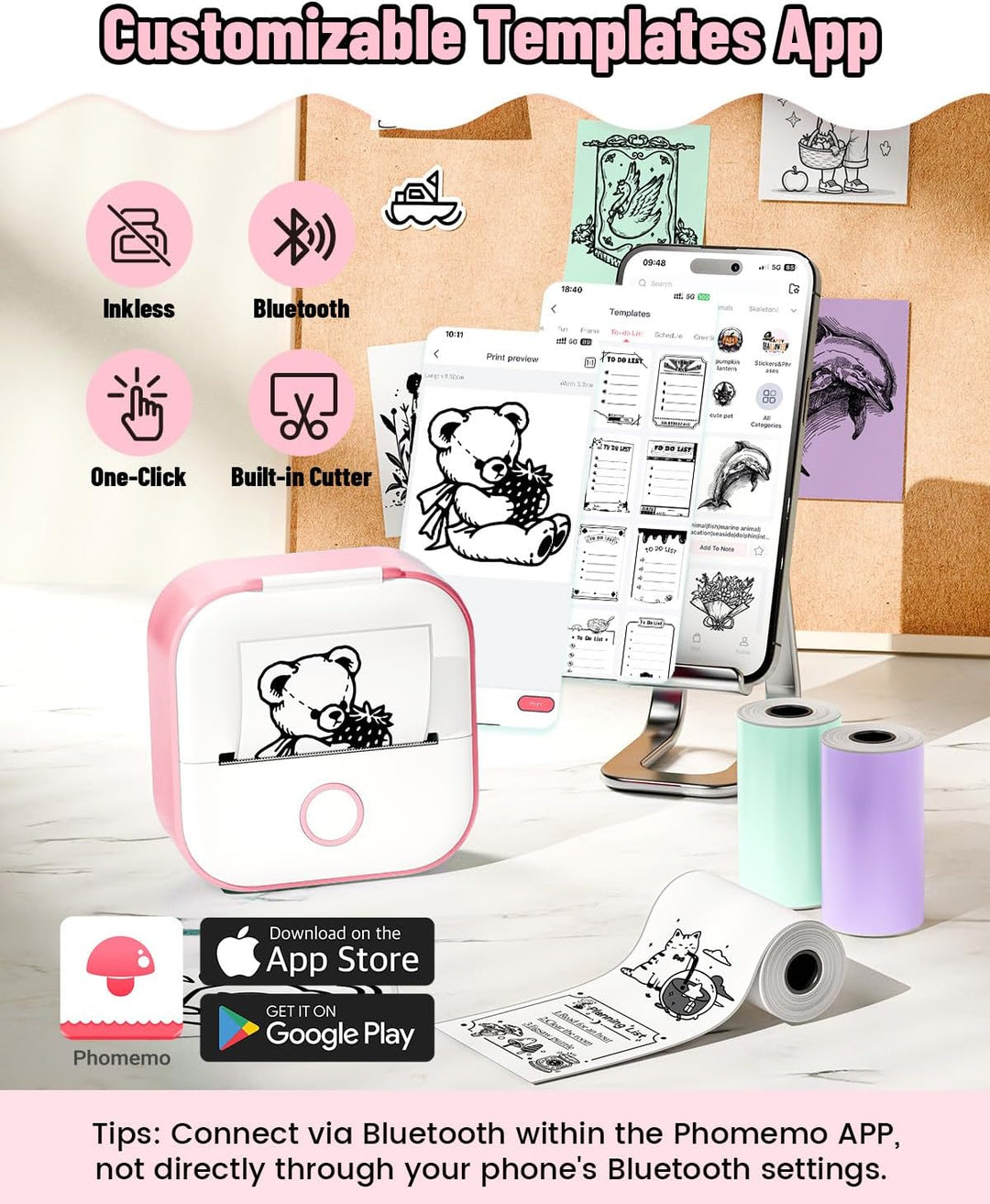Phomemo Mini Etikettendrucker,T02 Sticker Fotodrucker für Smartphone,Handy Thermodrucker klein mit 3