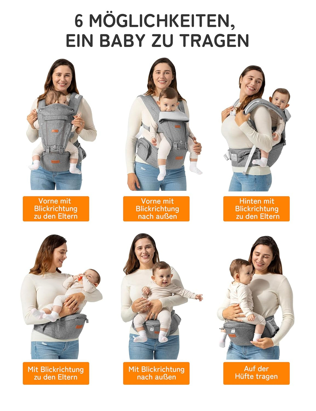 besrey Babytrage, Ergonomische Baby Trage mit Hüftsitz, Baby Carrier mit Lendenstütze, 6 Tragepositi