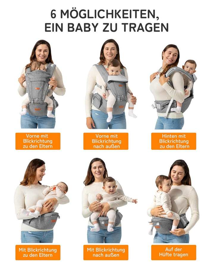 besrey Babytrage, Ergonomische Baby Trage mit Hüftsitz, Baby Carrier mit Lendenstütze, 6 Tragepositi