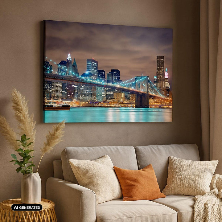 Bilder auf Leinwand Stadt Brücke Wolkenkratzer Leinwandbild 70x50cm Wandbilder Dekoration Wohnzimmer