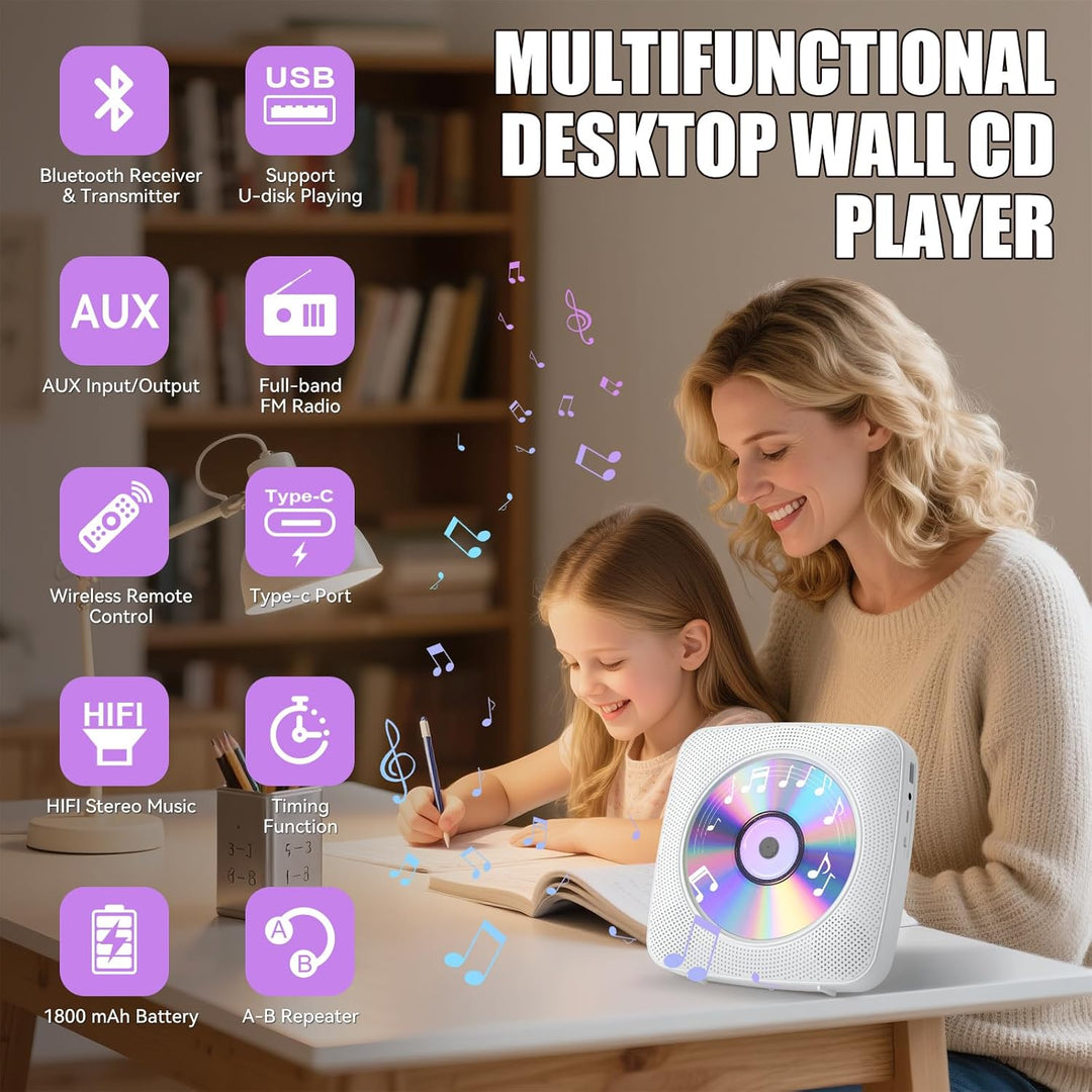 Gueray Desktop CD Player Bluetooth CD-Spieler mit Lautsprechern für Zuhause 1800mAh Tragbarer CD-Pla