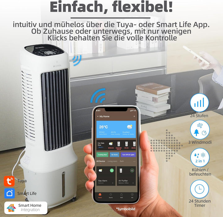 BE COOL Premium Turmluftkühler mit 10L Wassertank & WLAN – 38W, 24 Geschwindigkeiten, 3 Windmodi, 12