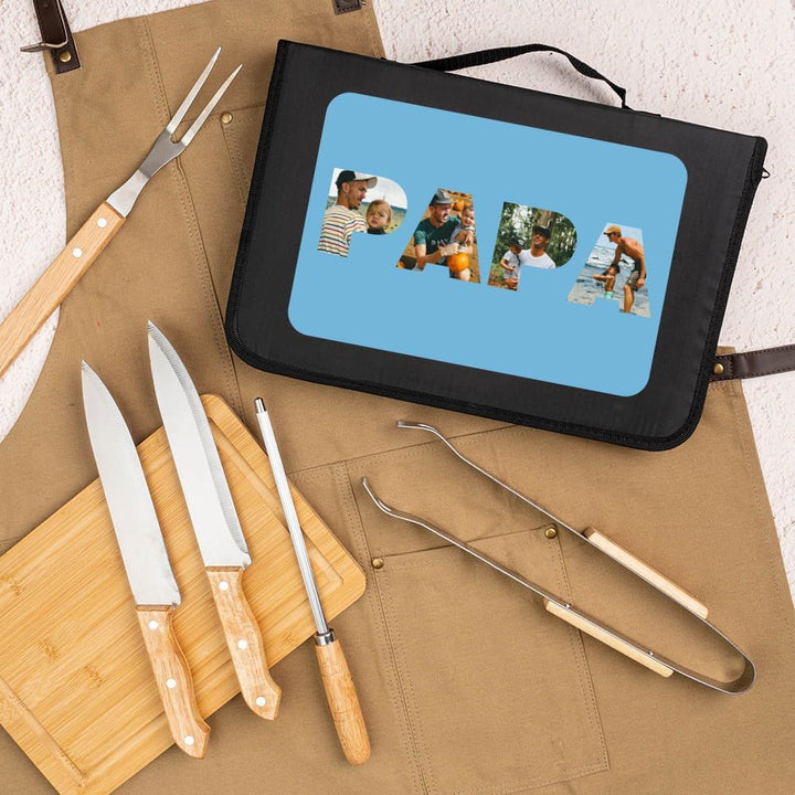 Wanapix | Personalisiertes BBQ-Set | Enthält 6 Ubehörteile (2 Messer, Schärfer, Tranchiermesser,Zang