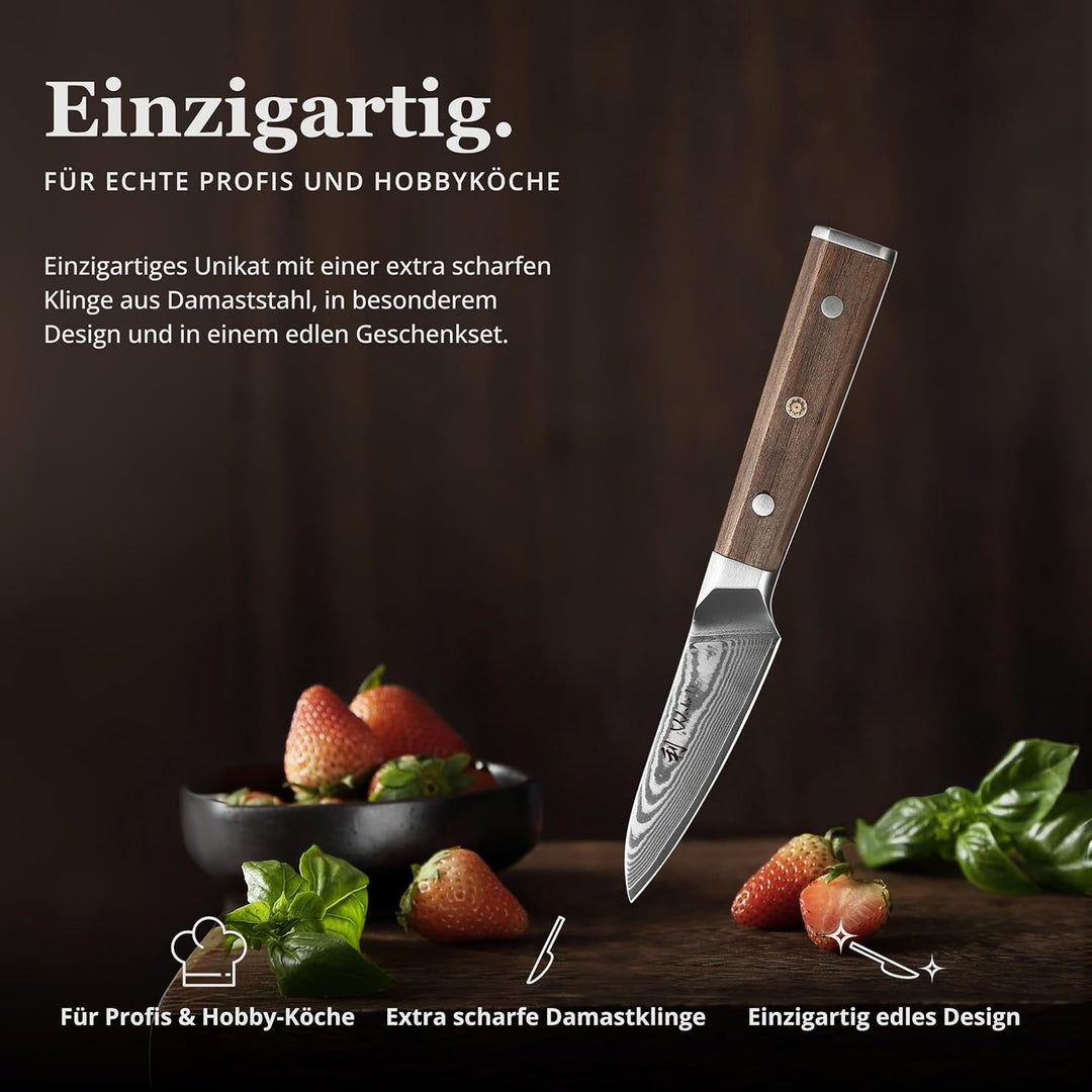 Wakoli Damast Küchenmesser Gemüsemesser mit 8 cm Klinge aus 67 Lagen Damaststahl und VG10 Kern, Waln