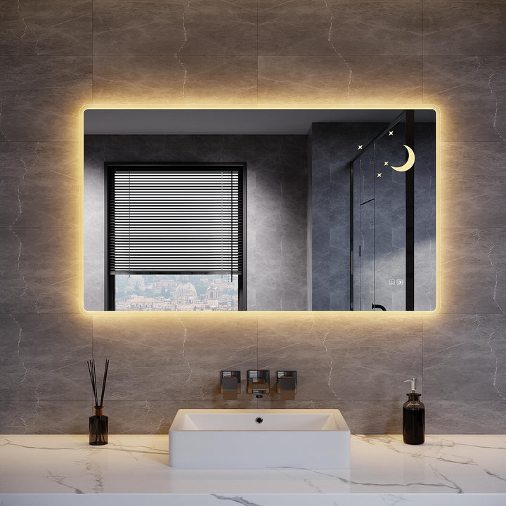 Badezimmer Spiegel mit Beleuchtung, 100x60cm, Wandspiegel, Kosmetikspiegel mit modernes Muster, 3 Fa