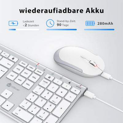 iClever kabellose Tastatur und Maus Set, 2.4G kabellose Tastatur und Maus, USB-C wiederaufladbar, Or