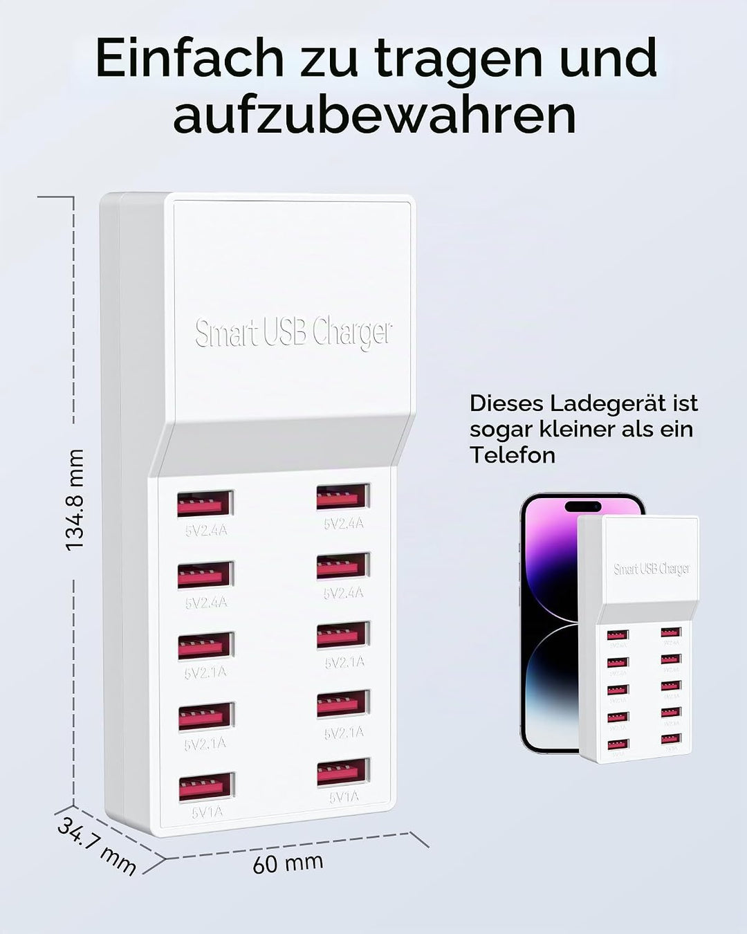 USB Ladegerät Mehrfach, Binamao 50W USB Ladegerät 10-Port Multi USB Netzteil, USB-A Ladestation Mehr
