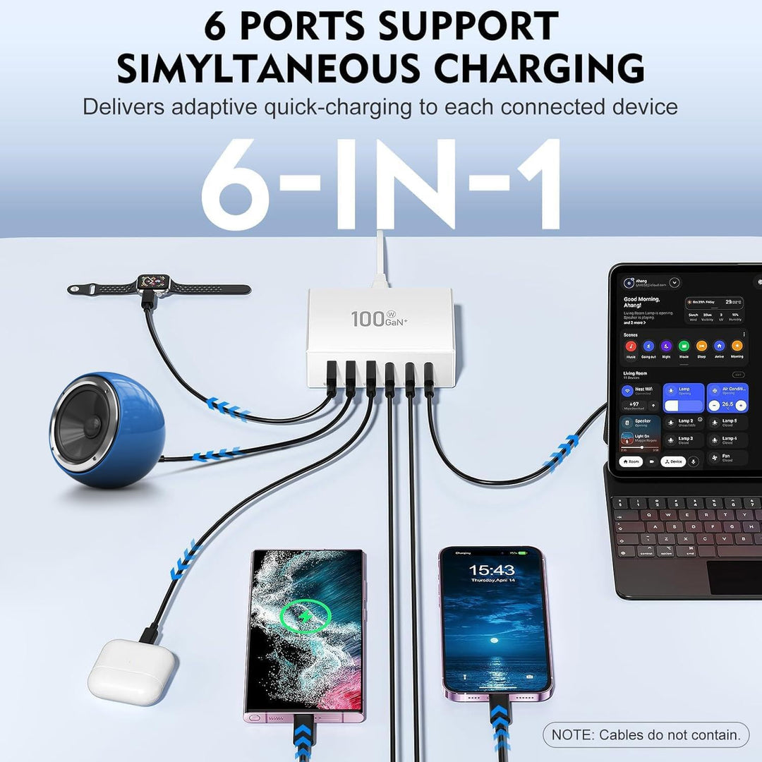 USB C Ladegerät, 100W 6-Port USB Ladegerät Mehrfach, Schnellladegerät PD 3.0, USB-C Ladestation für