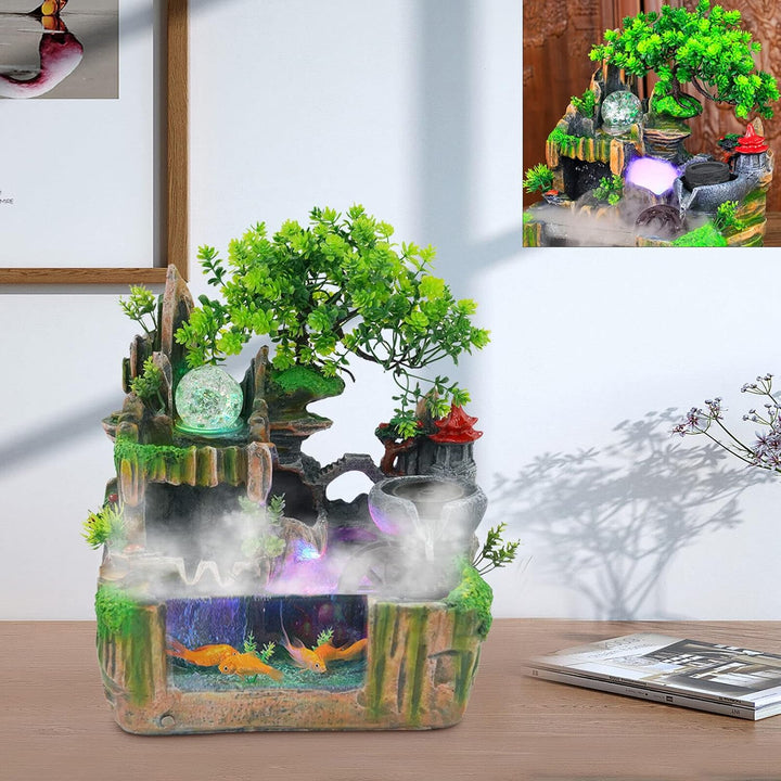 Zimmerbrunnen Wohnzimmer Wasserfall Tischbrunnen LED Desktop Bonsai Ornamente Grüne Pflanze Zimmerbr