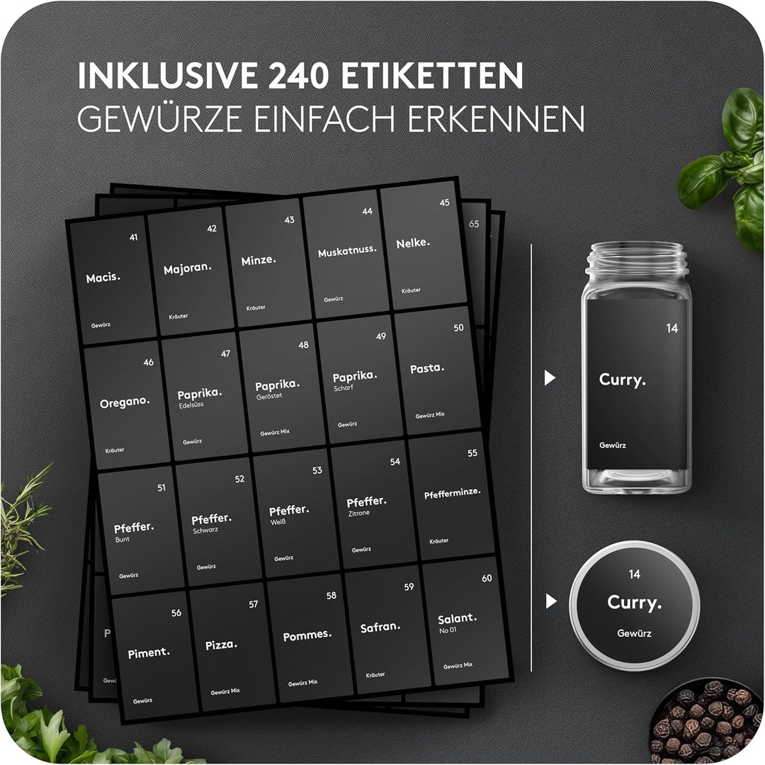 Gewürzgläser Set Schwarz [24 Stück] Eckig mit Streueinsatz | Inklusive 240 Etiketten + Acrylstift +