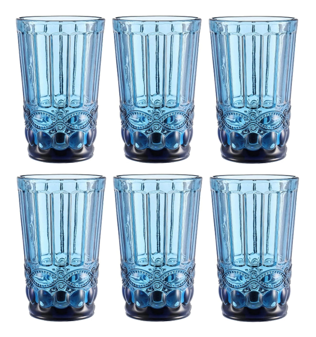 Vintage 6er-Set Farbige Weingläser und Trinkgläser mit Prägung Relief (Schleife, Blau, 400 ml) Weing