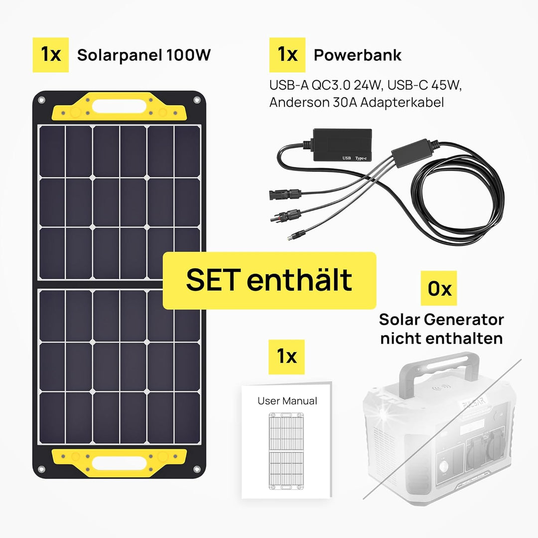 PULSAR Solar Panel 100W, Solarpanel Faltbar mit USB-A QC3.0 24W und USB-C PD bis 45W, Solarmodul für