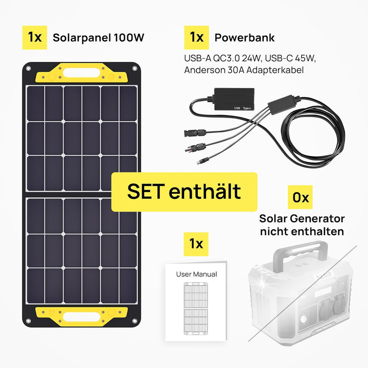 PULSAR Solar Panel 100W, Solarpanel Faltbar mit USB-A QC3.0 24W und USB-C PD bis 45W, Solarmodul für