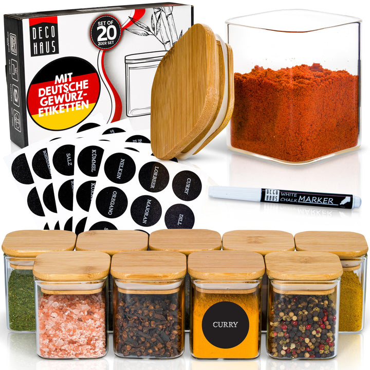 Deco haus® Gewürzgläser eckig luftdicht mit Holzdeckel 20er Set [+Etiketten] - Gewürzdosen Set Glas