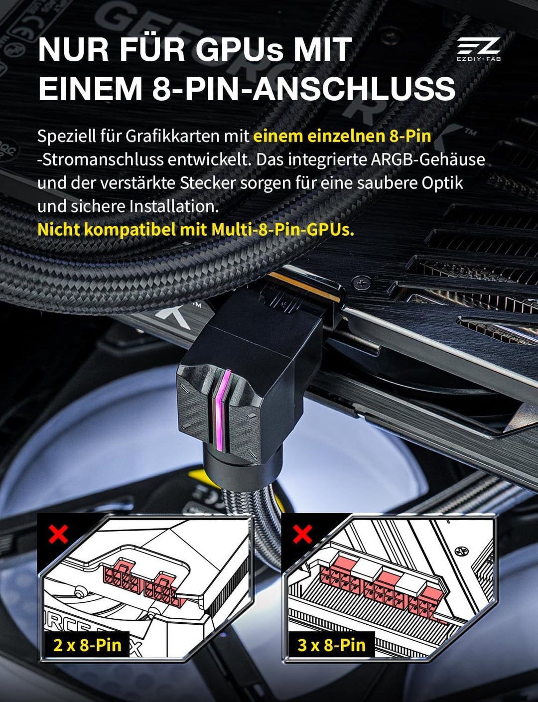 EZDIY-FAB UNIFAS ARGB 8-Pin PCIe-GPU-Verlängerungskabel, 16AWG, 90-Grad-Rechtwinkelstecker, 5V 3-Pin