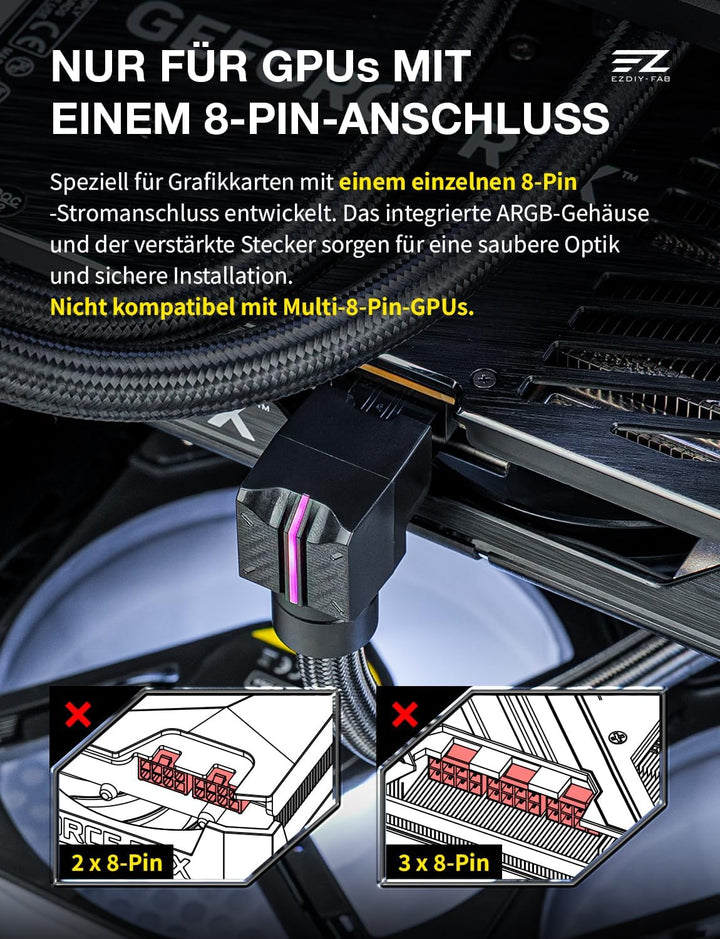 EZDIY-FAB UNIFAS ARGB 8-Pin PCIe-GPU-Verlängerungskabel, 16AWG, 90-Grad-Rechtwinkelstecker, 5V 3-Pin