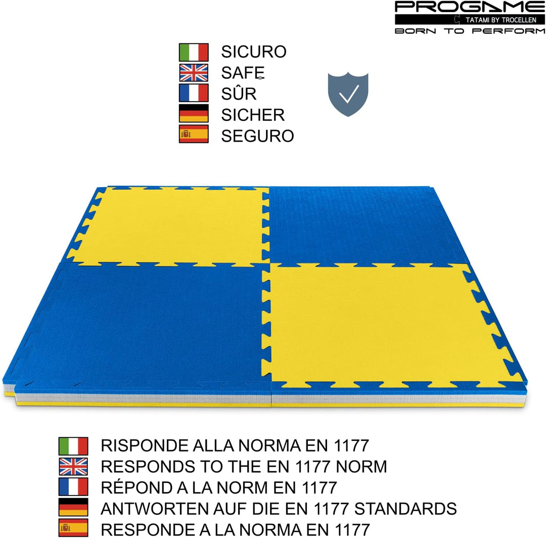 ProGame Kit 8 Stück Tatami Matte 4 cm PERFORMANCE-HOME 50x50 cm Judomatte Gelb/Blau, Gelb/Blau