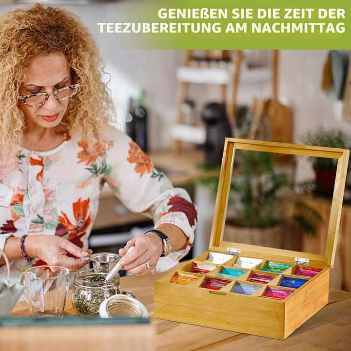 Teebox, Teebox aus Holz mit 12 Fächern und Sichtfenster, Teebeutel Aufbewahrungsbox, Teekiste Holz,