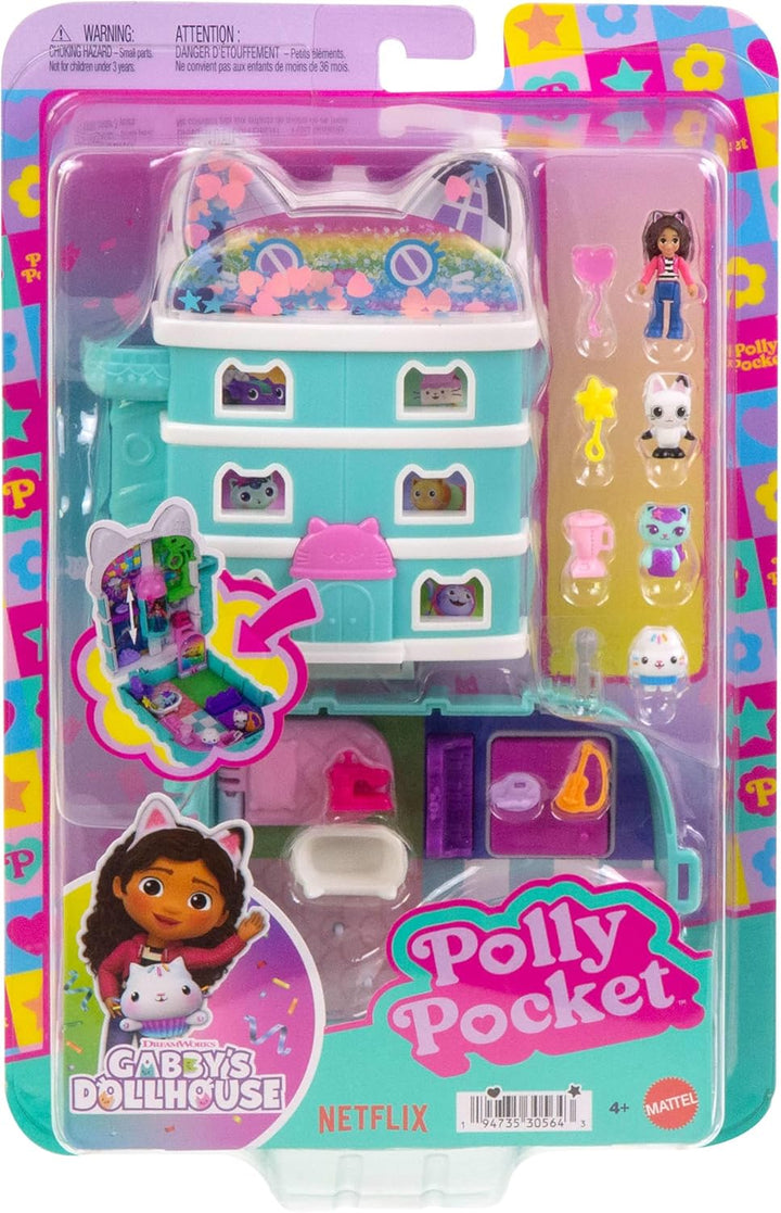 Schatulle von Polly Pocket x Gabby’s Dollhouse, Minipuppen und Spielset, 9 passende Zubehörteile, Ti