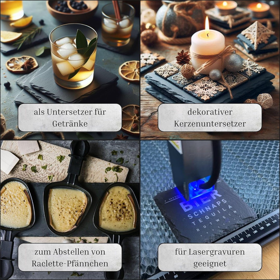 Schiefer Untersetzer Set - 8 Glasuntersetzer rund mit Halter - Schieferplatte 10 cm schwarz für Deko