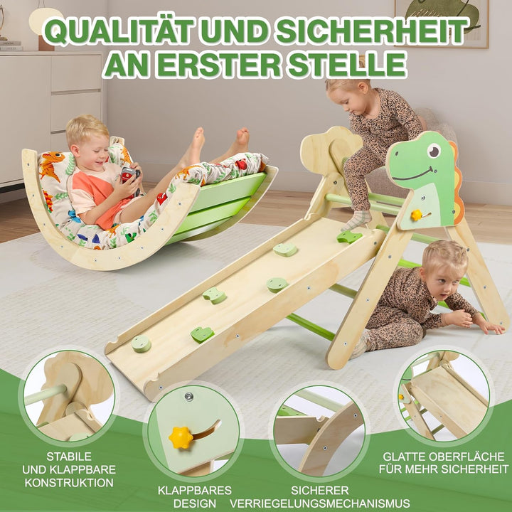 7-in-1 Montessori Kletterdreieck Set mit Rutsche, Kletterbogen & weichem Kissen – Holz Klettergerüst