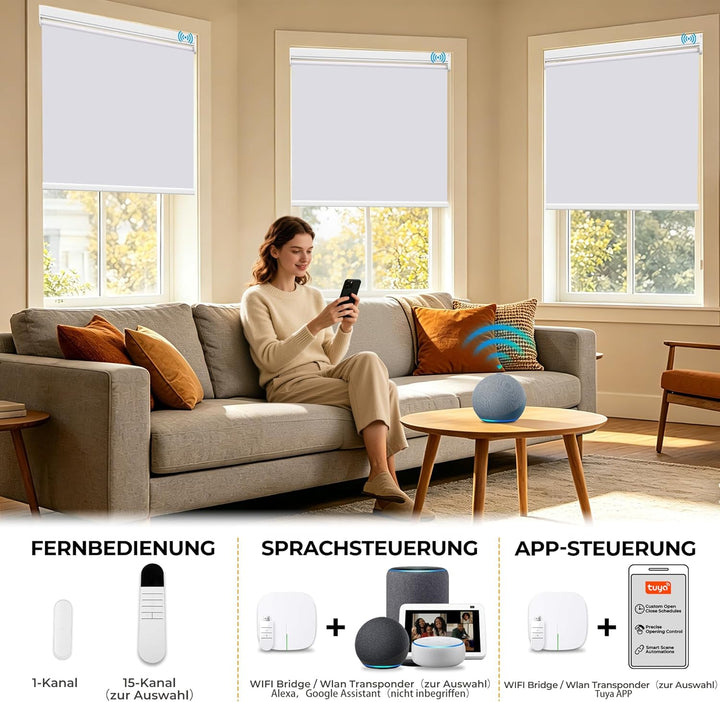 HOMEDEMO M100 Elektrische Rollos Verdunkelungsrollo mit Motor &amp; Fernbedienung, Weiss 65x100cm(BxH),