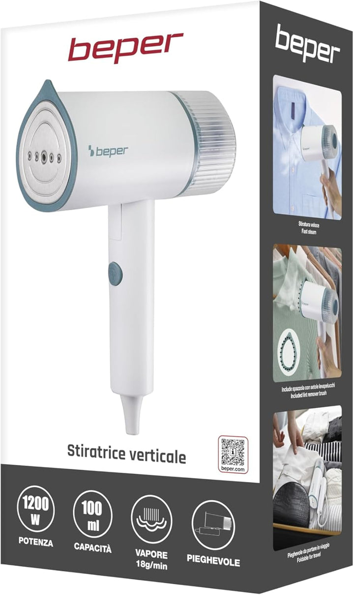 BEPER P204FER210 Tragbarer, faltbarer Vertikal-Dampfglätter – 1200 W, 18 g/min Dauerdampf, 100 ml ab