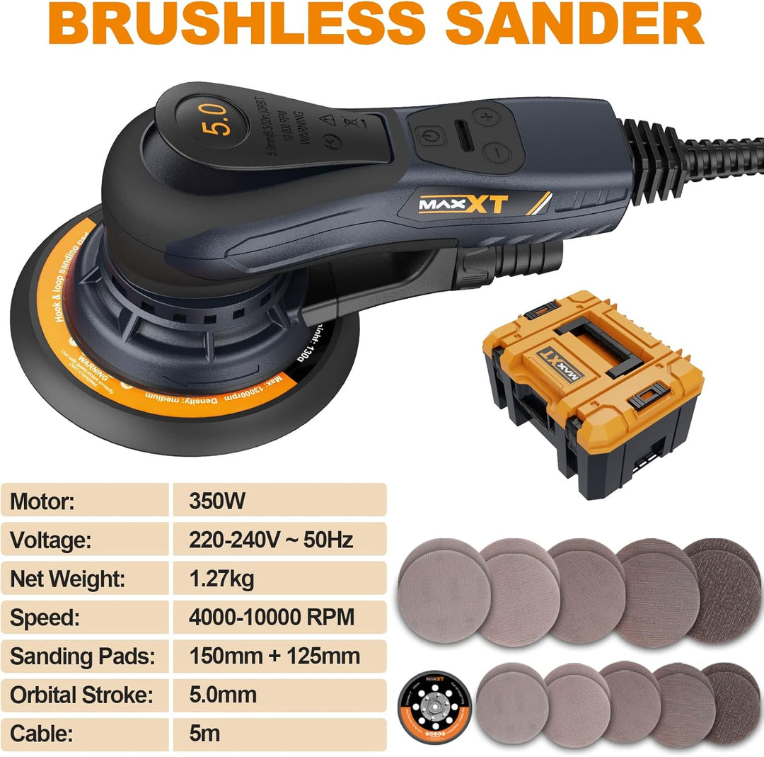 MAXXT 5.0mm Exzenterschleifer Brushless | 150mm & 125mm Dual-Schleifplatte | 350W EC-Motor | 4000-10
