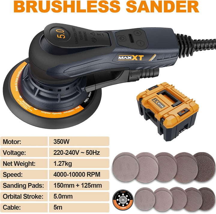 MAXXT 5.0mm Exzenterschleifer Brushless | 150mm & 125mm Dual-Schleifplatte | 350W EC-Motor | 4000-10