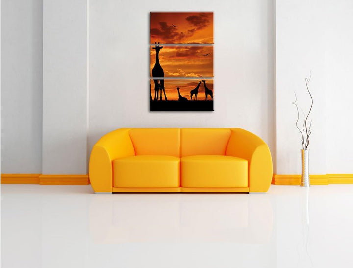 Pixxprint Afrika Giraffen im Sonnenuntergang 3-Teiler Leinwandbild 120x80 Bild auf Leinwand