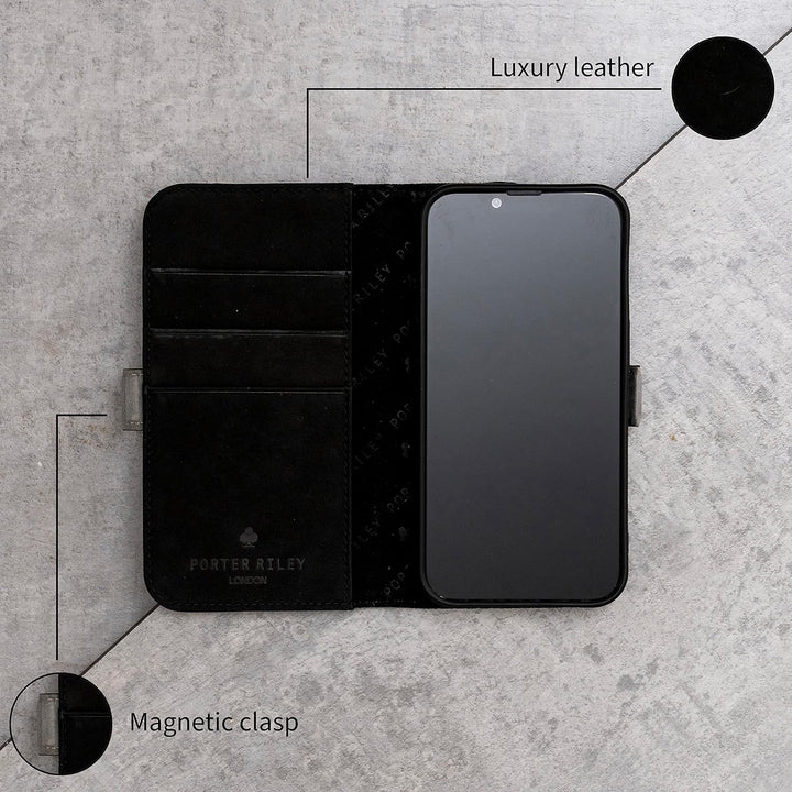 Porter Riley - Lederhülle für iPhone 14 Pro. Premium Echtleder Standhülle/Ledertasche/Brieftasche mi