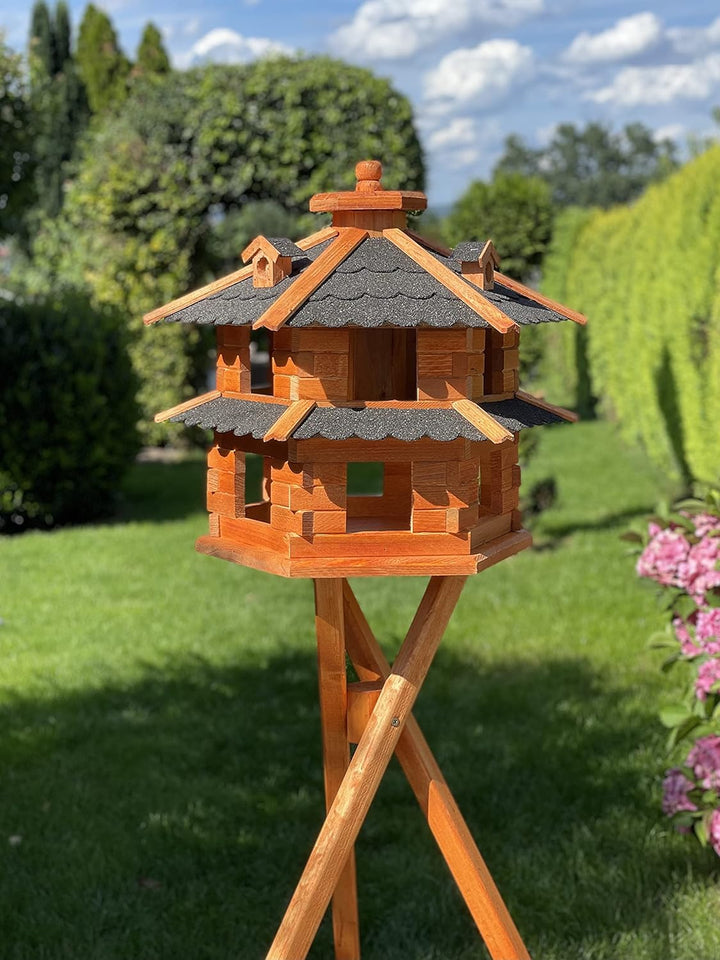 Vogelvilla wetterfest von L bis XL Futterhaus Vogelhaus mit oder ohne Ständer in Braun mit Rot, Grün